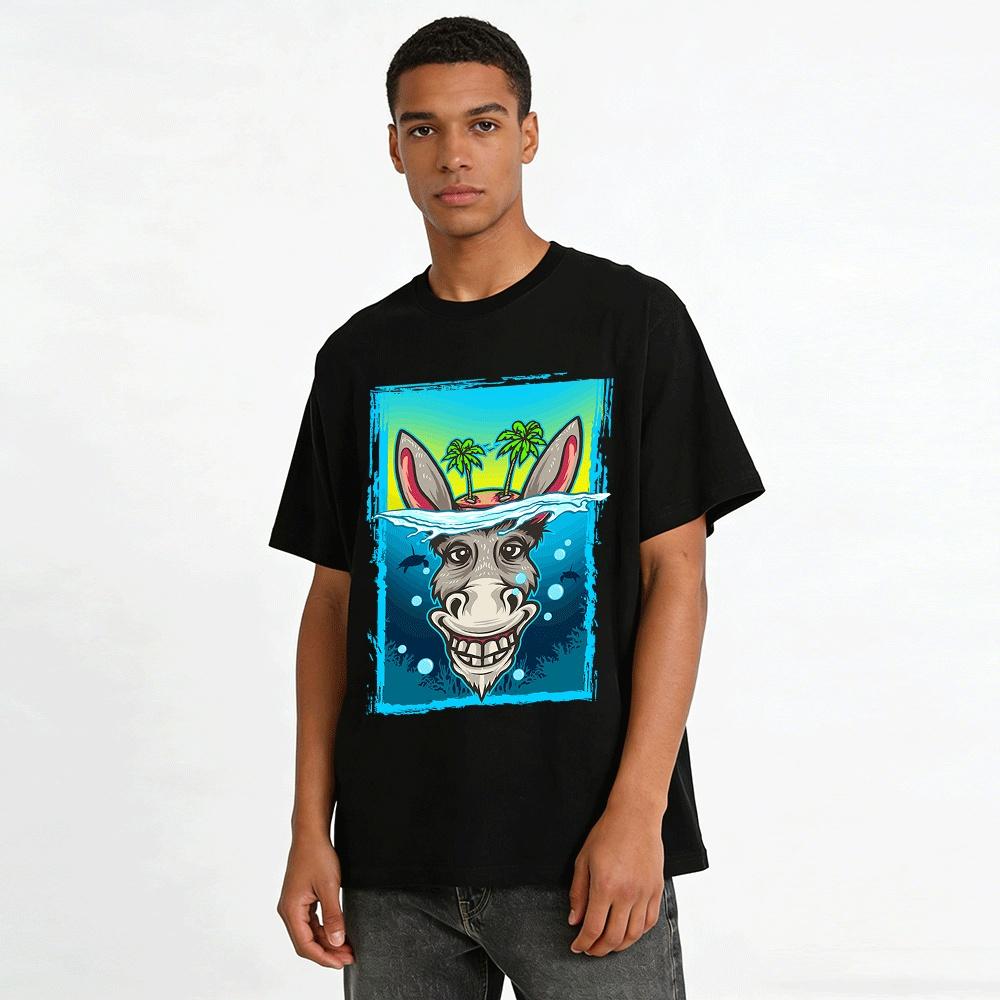 Funny Island Donkey Head Print Short Sleeve Casual Vacation T-Shirt Pure cotton T-shirt