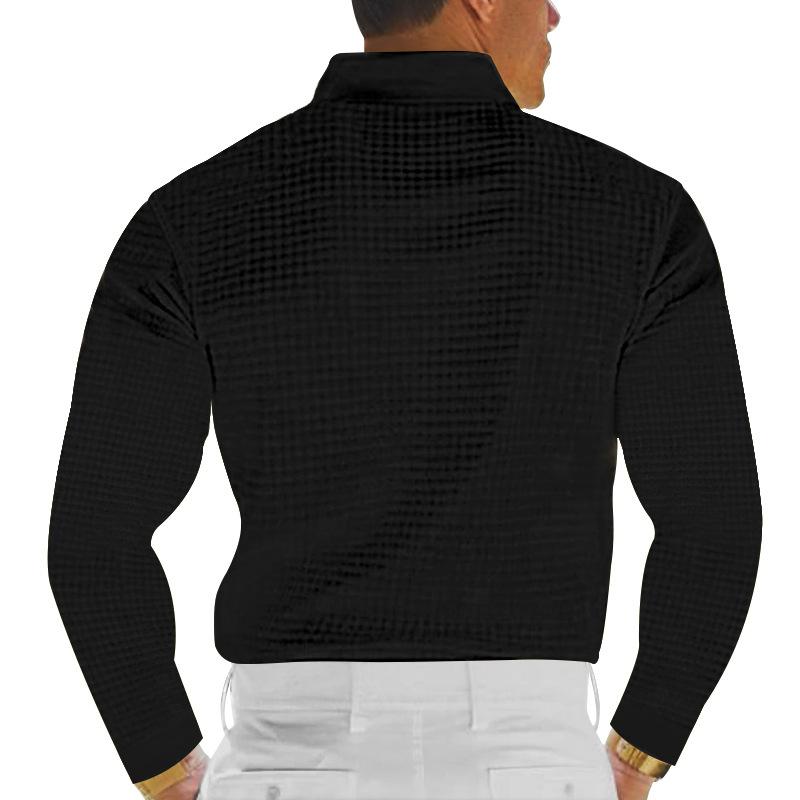 Men S Slim Fit Long Sleeve Waffle Polo Shirt Casual Button Collar