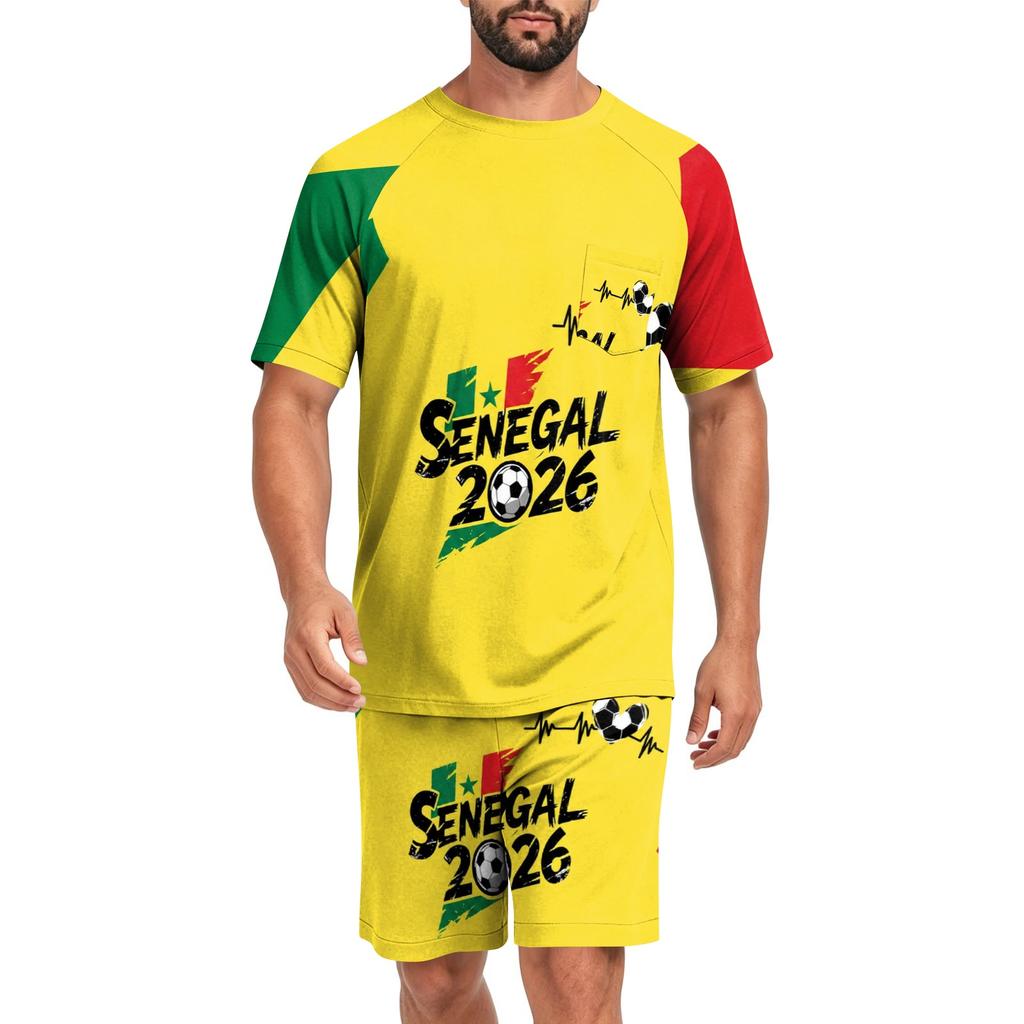 Men's Short Sleeve Top and Shorts Set Lightweight Soft Fabric Casual Sleepwear Printed Sports Style Lounge Pajama Set for Summer