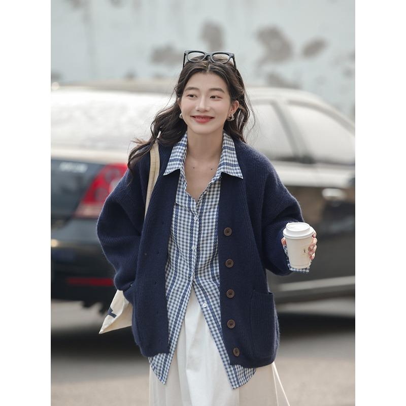 2025 New Autumn Women Sweater Knitting Basic Fashion Tops Tees Cardigan Long Sleeve Solid Shirt Loose Blue Coat