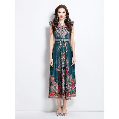 Summer Women Vintage Palace Print Designer Runway Dress V-neck Single Breasted Long Maxi Holiday Beach Boho Dresses with Belt