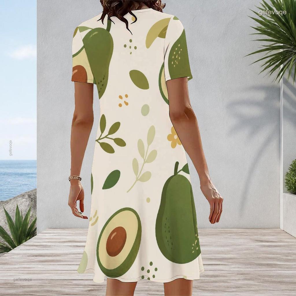 Women Plus Size Round Neck Short Sleeve Fruit Leaf Printed A Line Casual Dress
