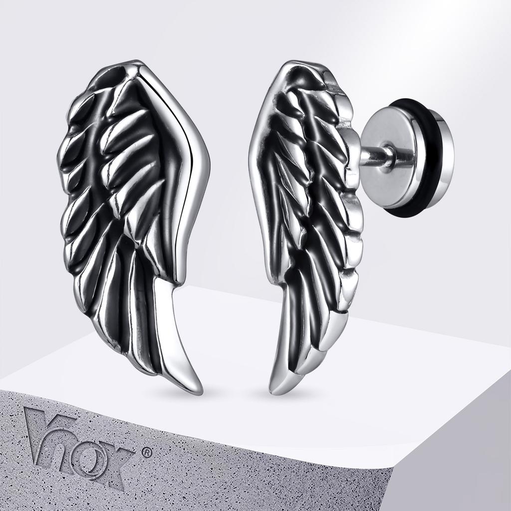 Vnox Gothic Devil Wing Stud Earrings, Angel Feather Piercing Ear Jewelry, Mens Boys Vintage Brincos