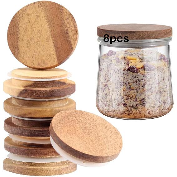 8 Pack Bamboo Oui Yogurt Jar Lids, Oui Lids-Natural Bamboo Wood with Silicone Sealing Rings and Oui Yogurt Bottle Label, For 5 Oz Oui Yogurt Jars