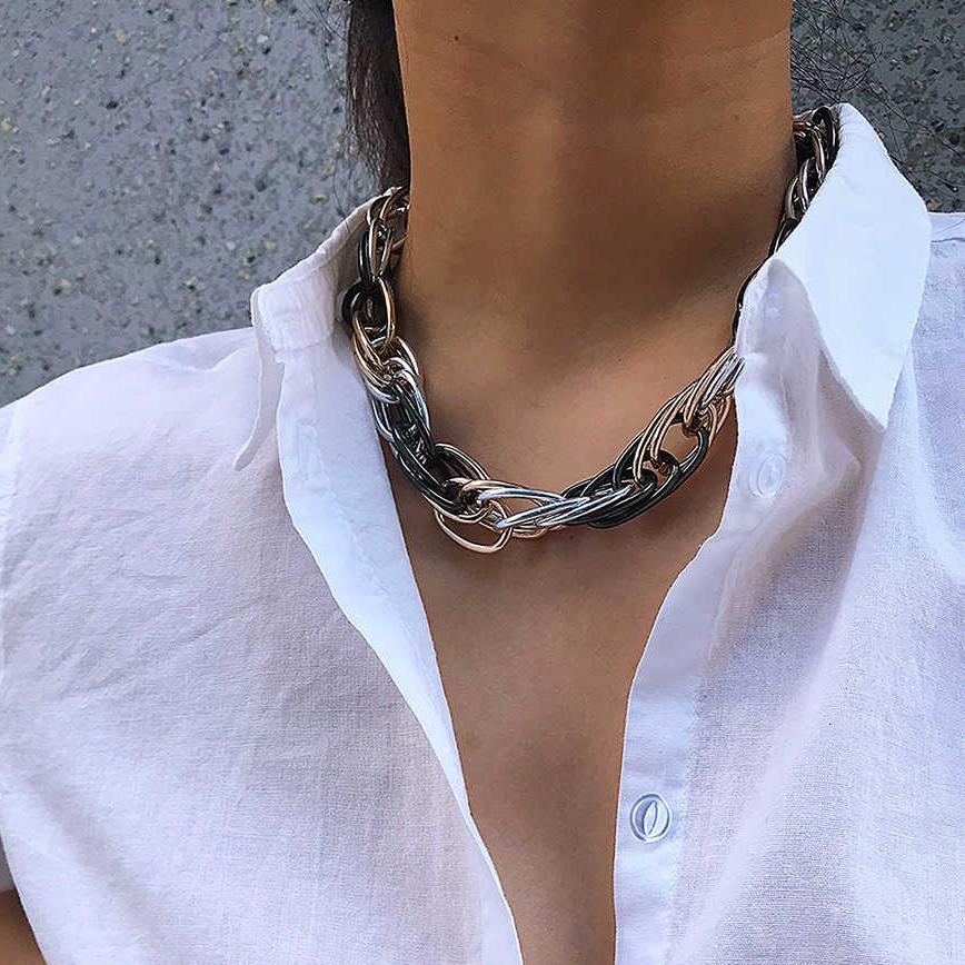 Punk Miami Cuban Choker Necklace Collar Statement Hip Hop Big Chunky Aluminum Gold Color Thick Chain Necklace Women Zircon
