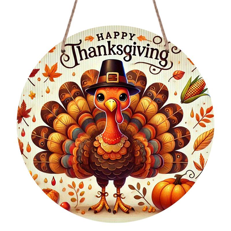 2D Flat, 1pc Thanksgiving Turkey Metal Wall Decor - Round Autumn Harvest Sign with Happy Thanksgiving Text, Vintage Fall Decor Plaque for Home 7.87×7.87inch