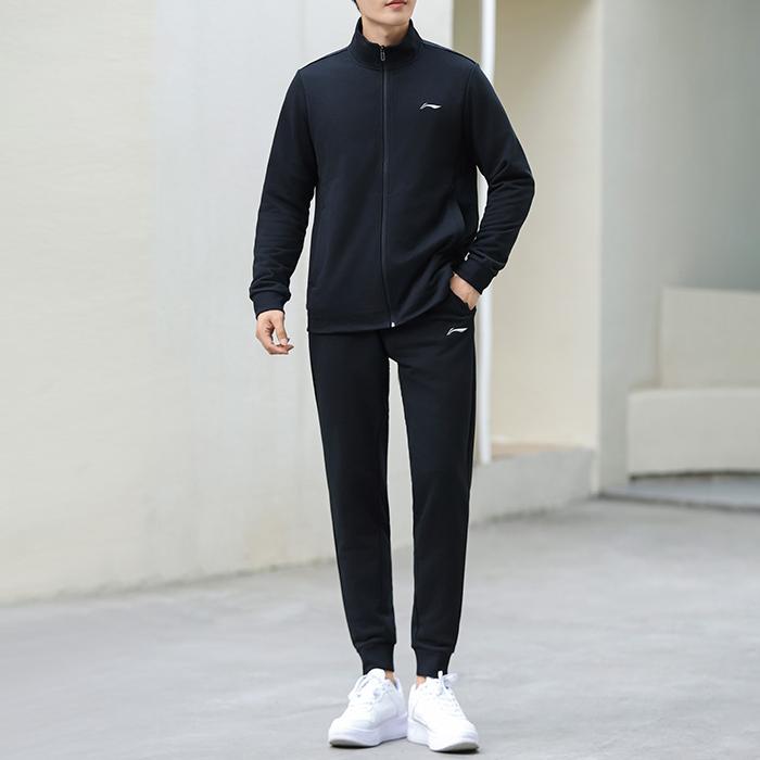 Li-Ning New Era Jednobarevný Zipový Stojáček Ležérní Svetr Tepláky Mikina Set Unisex Set Černá AWET033-1
