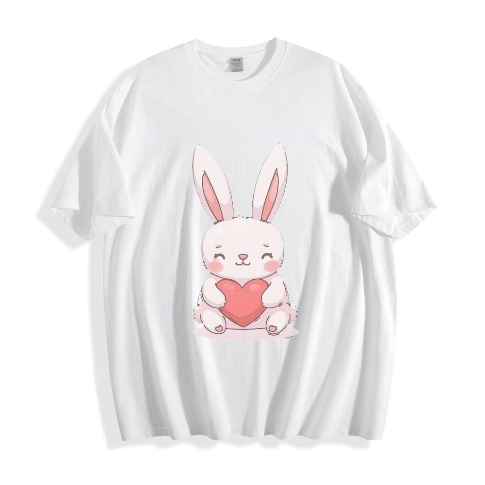 Cute Cartoon Bunny Holding Heart Graphic T-Shirt