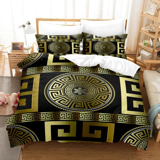 Black Golden Bedding Set New Greek Key Meander Duvet Cover Sets Luxury Comforter cover set Queen King Size for home decor quilt