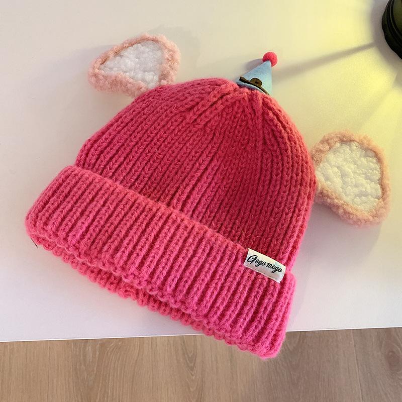 Niedliche Cartoon Plüsch Ohren Strickmütze Damen Herbst und Winter Neu Warm und Vielseitig Lustiges Gesicht Zeigt Kleine Wollmütze