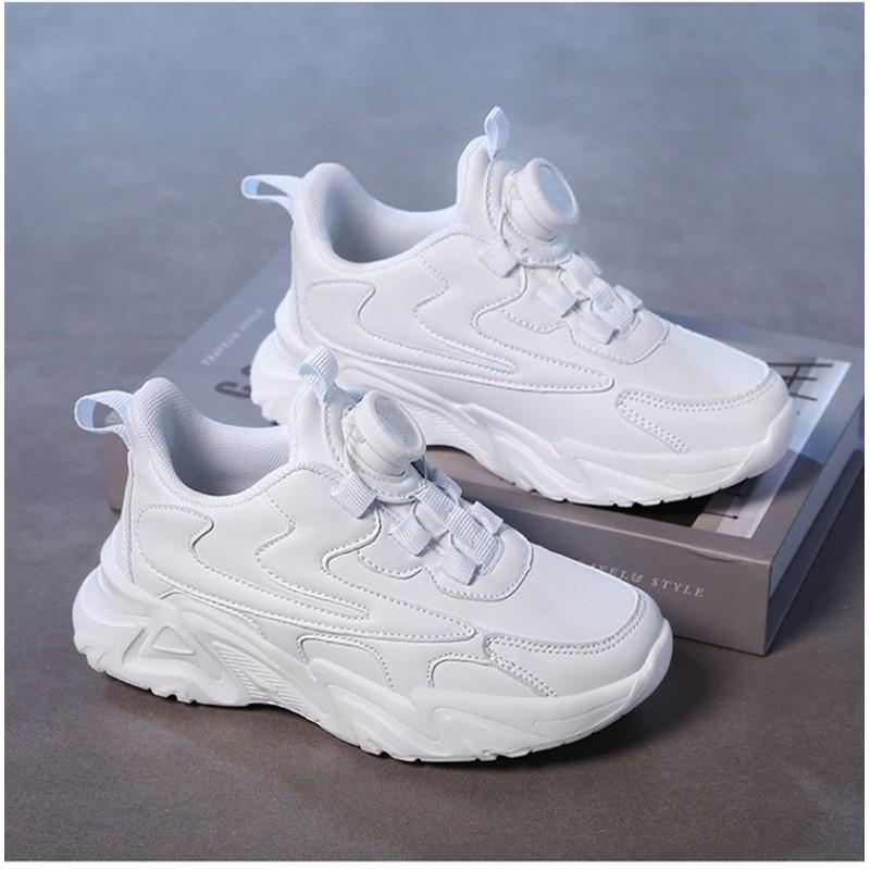 Boys Lightweight Breathable Sneakers With Rotating Buckle Kids School Shoes White Mesh Leather