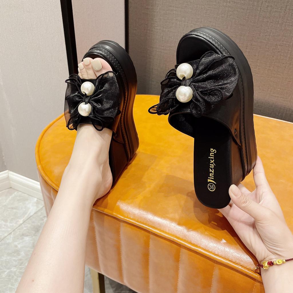 138-32 Slope Heel High Heel Sandals 10CM Waterproof Table Muffin Thick Bottom Bow Pearl White Fish Mouth Slippers Women