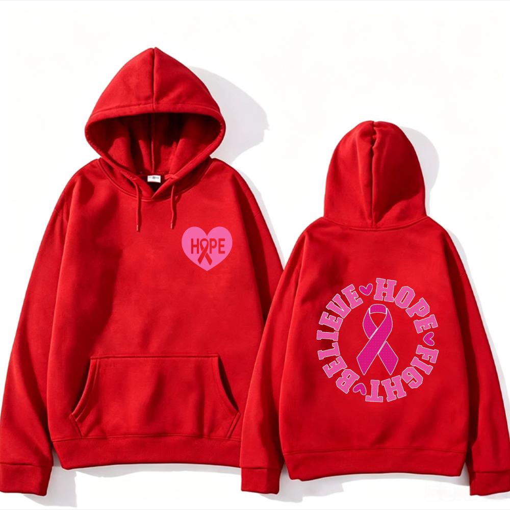 Believe Hope Fight Breast Cancer Awareness Hoodie Pink Ribbon Heart Letter Graphic Front Back Print Cancer Warrior Hooded Tops