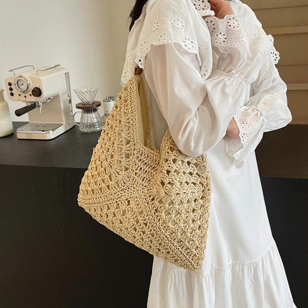 

Summer Straw Bag Hollow Out Beach Shoulder Bag Large Vacation Bag Solid Color Holiday Travel Handbag Boho Shoulder Purse бежевий