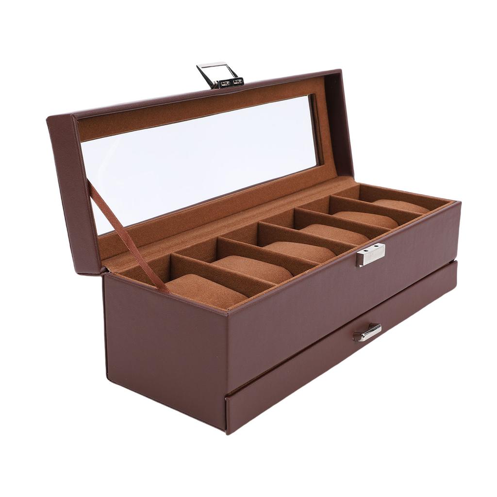 Puzdro na hodinky pre mužov Kožené 6 priehradiek 2-vrstvové Puzdro na vystavenie hodiniek na uloženie zbierky hodiniek a šperkov Hnedé