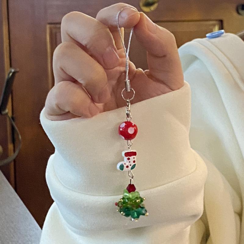 Cute Christmas Tree Snowman Crystal Bead Mobile Phone Pendant Exquisite Bag Hanging Decoration Sweet Versatile Keychain Gifts