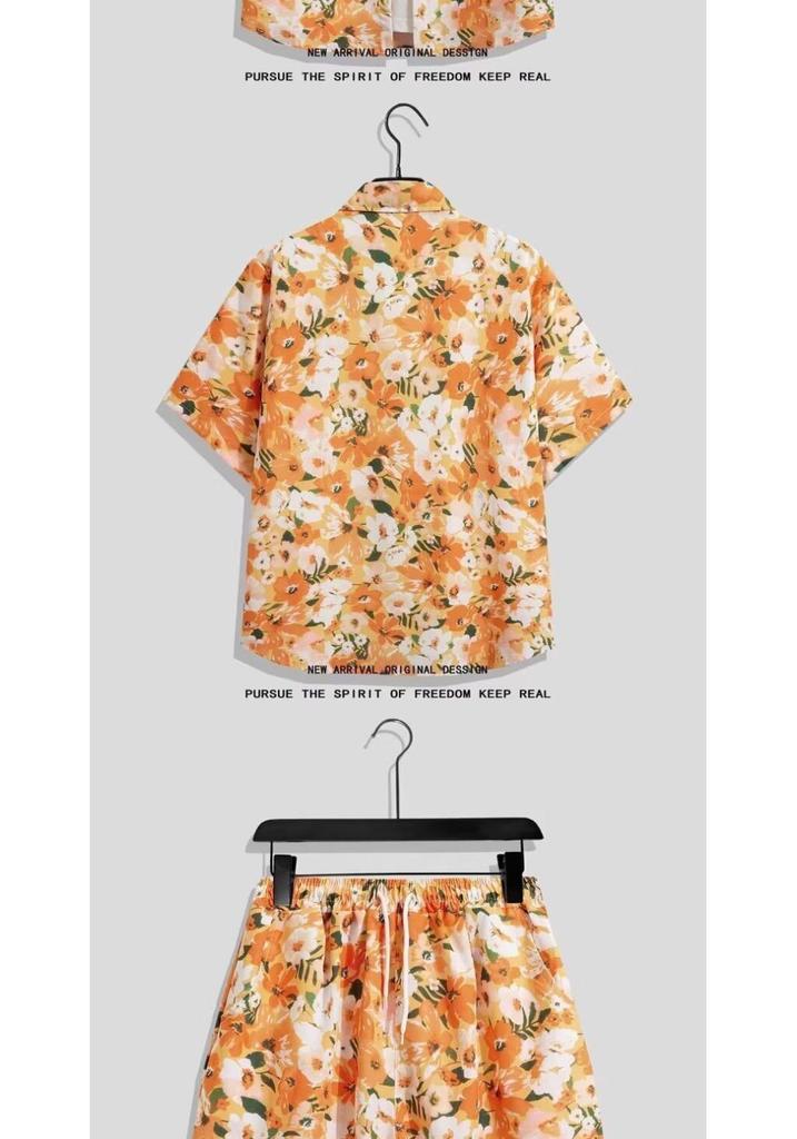Harajuku Sanya Summer Men's Hawaiian Beach Set: Ice Silk Floral Shirt & Shorts