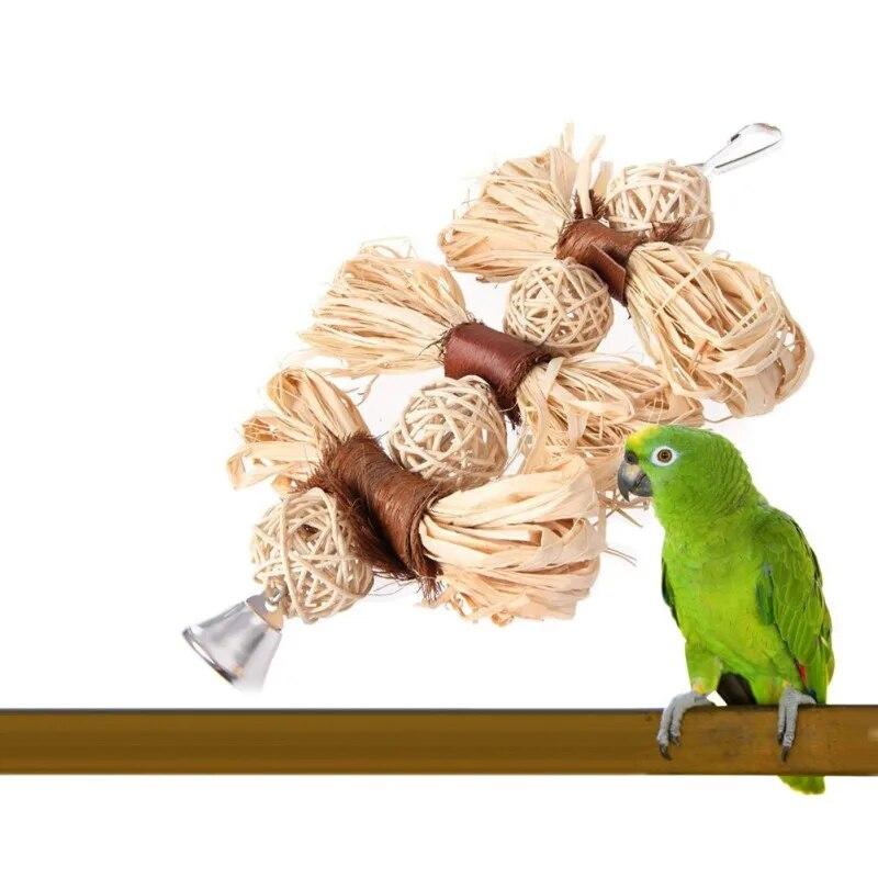 Natural Wooden Grass Pet Parakeet Chewing Toy Parrot Bird Bites Swing Ball Loofah Vine Balls Cage Bird Hanging Accessories