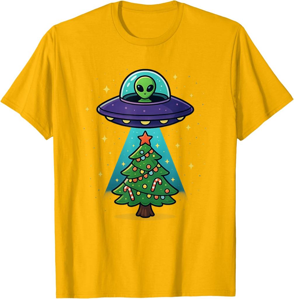 Alien UFO Abduction Christmas Tree Graphic Tee Funny Holiday Casual Cotton T-Shirt