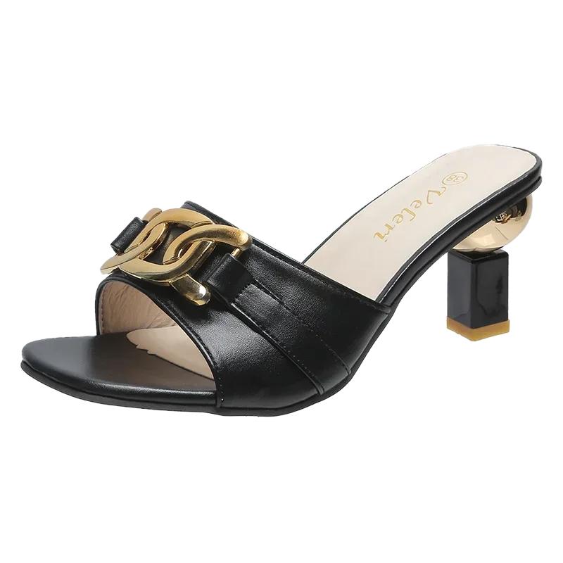 Summer Women's Slippers Sandals Golden Metal Chain Ladies Casual Slides Mules Indoor Shoes 36-43