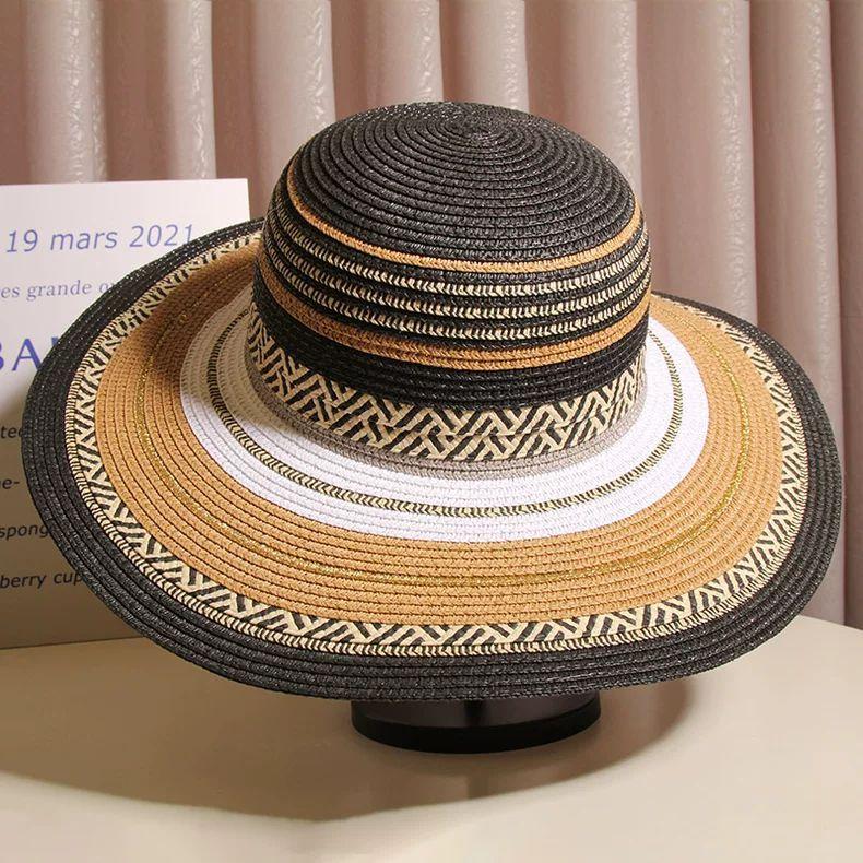 

Splicing Big-brimmed Straw Hat Women s Summer Seaside Vacation Beach Sunshade Bucket Hat Sunscreen Basin Hat Foldable adjustable