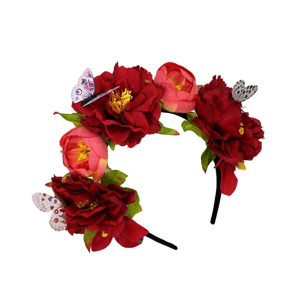 Fabric Flower Headband for Music Festival with Butterfly Decors Music Festival Accessory Hairhoop Wedding Bride Headwear