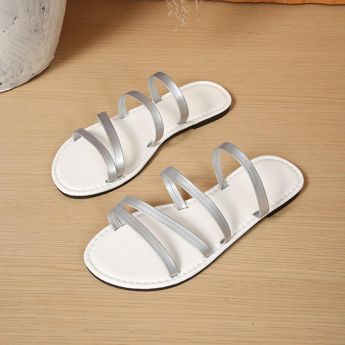 

2025 new large-size toe slippers women s home wear fashion holiday flat-bottomed beach cool slippers 43 серебряный