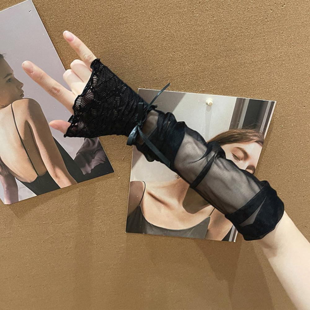 Kawaii Lace Ruffle Arm Sleeves Bowknot Strapping Fishnet Design Lace Gloves Elastic Cuff Mesh Gloves Clothes Accessories