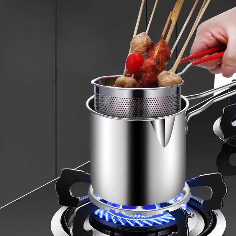 1200ml Small Stainless Steel Deep Fryer Pot with Long Handle & Strainer Basket Oil Saving for Induction Cooker Gas Stove Home