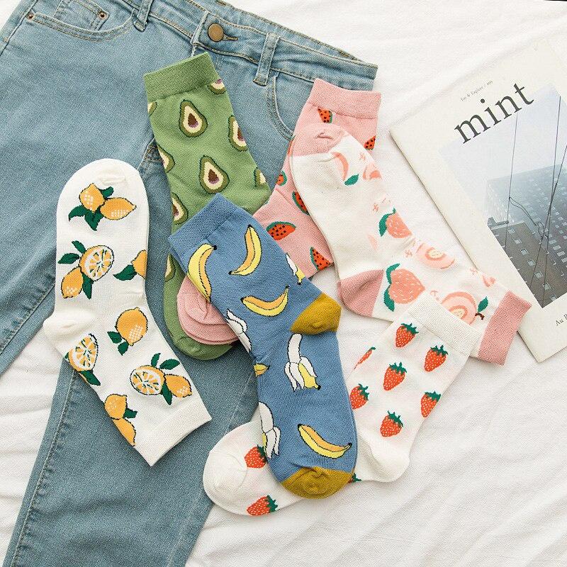 Women Socks Funny Cute Cartoon Fruits Banana Avocado Lemon Food Happy Colorful Novelty Skateboard Socks