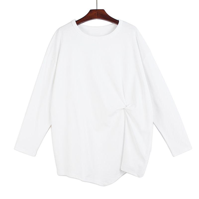 

Pure Color Long Sleeves T-Shirt Fashion Large Size Personalized Pleated Loose Casual T-shirt Ins Super Hot Top Tide Women s Autumn Clothing White All yards
