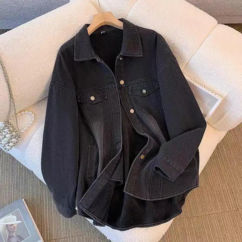 Denim Jacket Blouse Shirt for Women Long Sleeve Fleece Thicked Casual Vintage Oversize Plaid Loose Coat Top