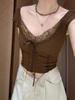 Pure desire short temperament lace V-neck top front shoulder short-sleeved T-shirt women's summer slim and thin Spice girl lace-up top
