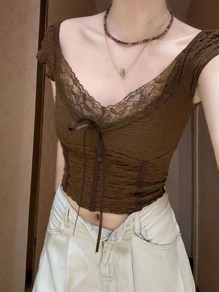 Pure desire short temperament lace V-neck top front shoulder short-sleeved T-shirt women's summer slim and thin Spice girl lace-up top