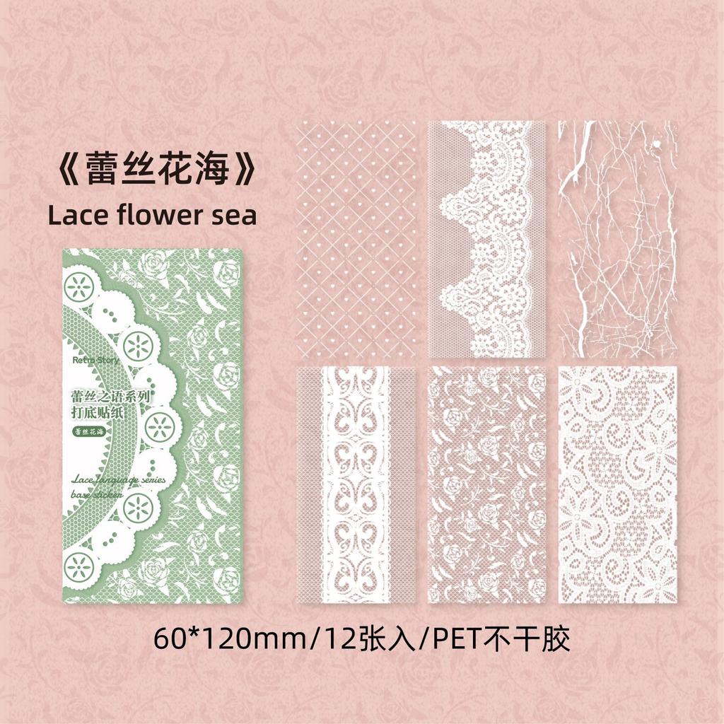 12 Sheets White Ink Lace PET Stickers, Vintage Transparent Decor, Journal DIY Waterproof Collage Material