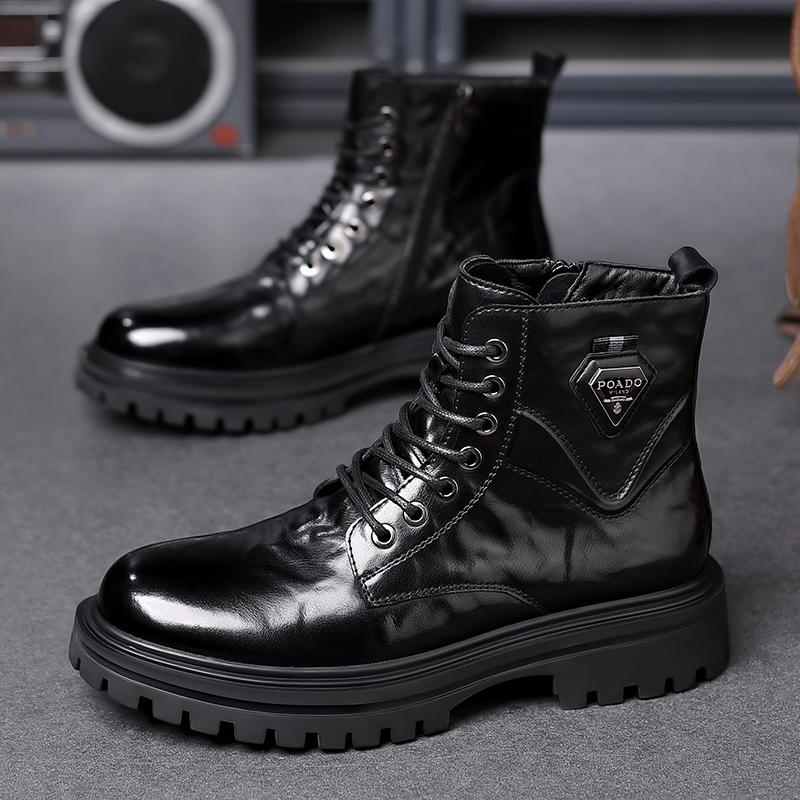 Teplé zimní boty z plyšové kožešiny Nové vysoké pánské motorkářské boty Měkká kůže Šněrovací pánské boty Zimní formální sněhule