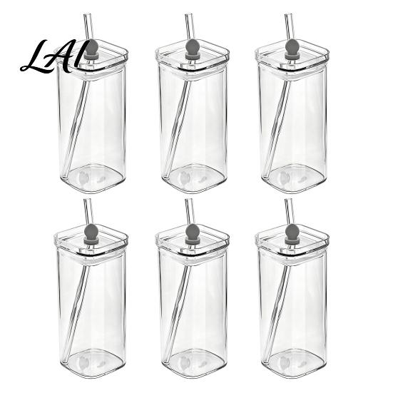 Elegant Glassware for Wedding Gifts Glass Cup with Lid And Straw Square Clear Borosilicate Heat Resistant Kitchen Tumbler Portable Drinking