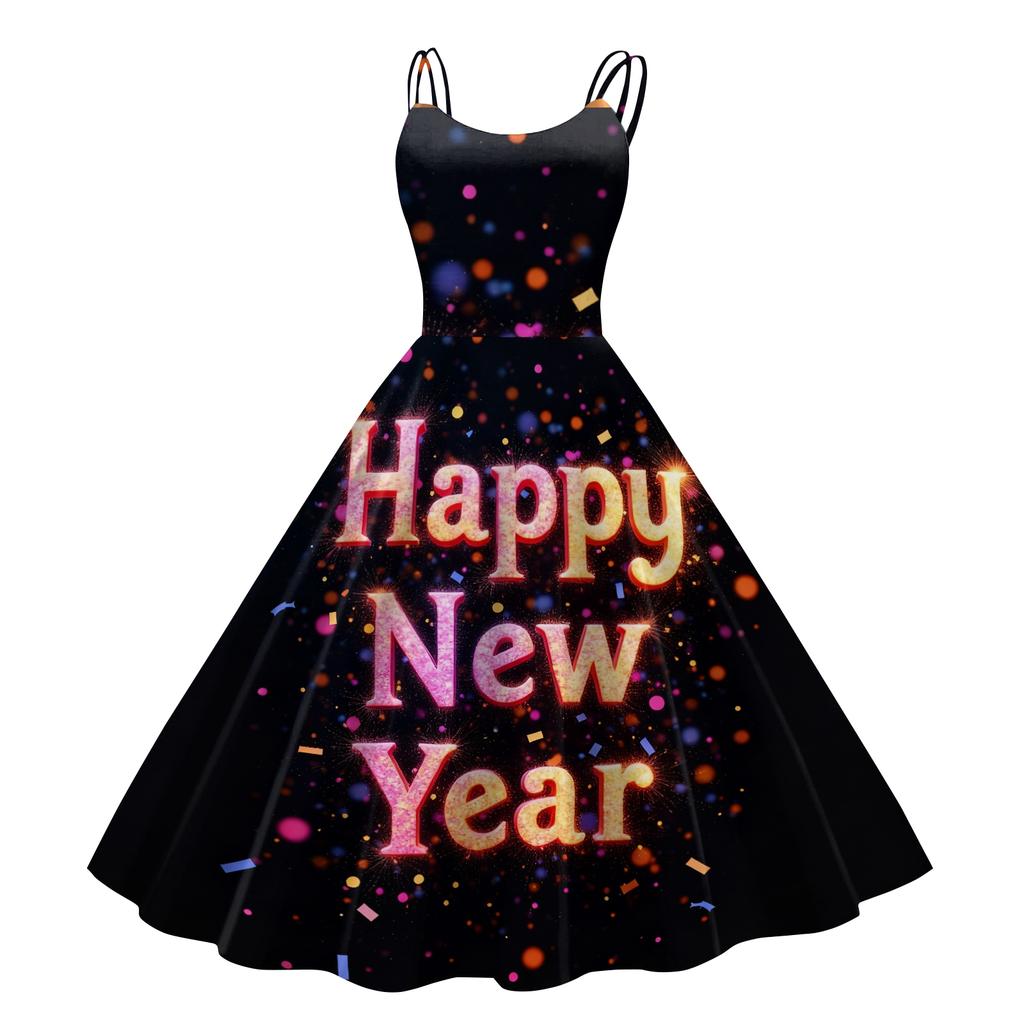Kvinners Nyttårstrykt Casual Mote Rund Hals Midi Kjole