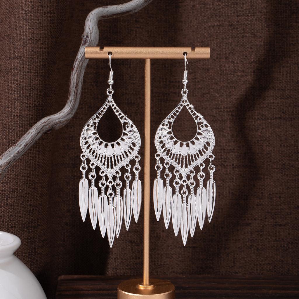 Ethnic Style Miao Geometric Bells Fringed Earrings, Minority Earrings Bohemian Long Leaf Earrings