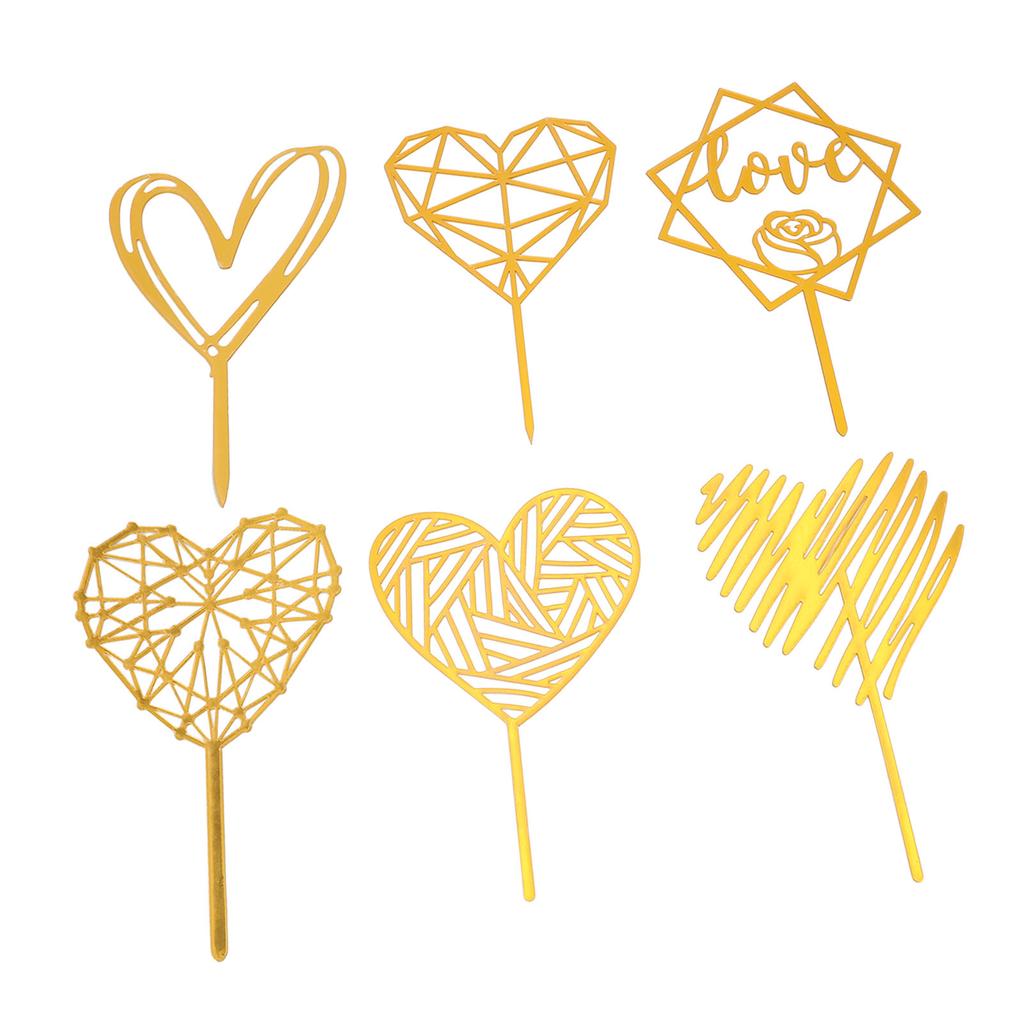 6Pcs Cake Topper Decorations Gold Heart Shaped for Cupcake Birthday Party Celebration Wedding Anniversary