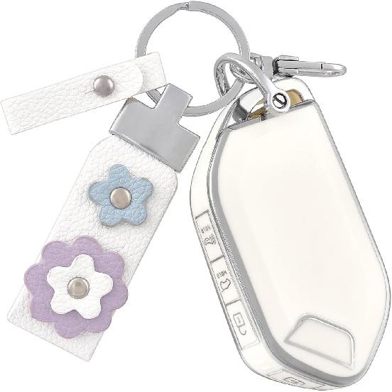 for Kia Key Fob Cover with Leather Keychain, Soft TPU Key Fob Case Compatible with Kia Telluride /2024 5 Buttons Smart Remote Control Car Key серебро белый