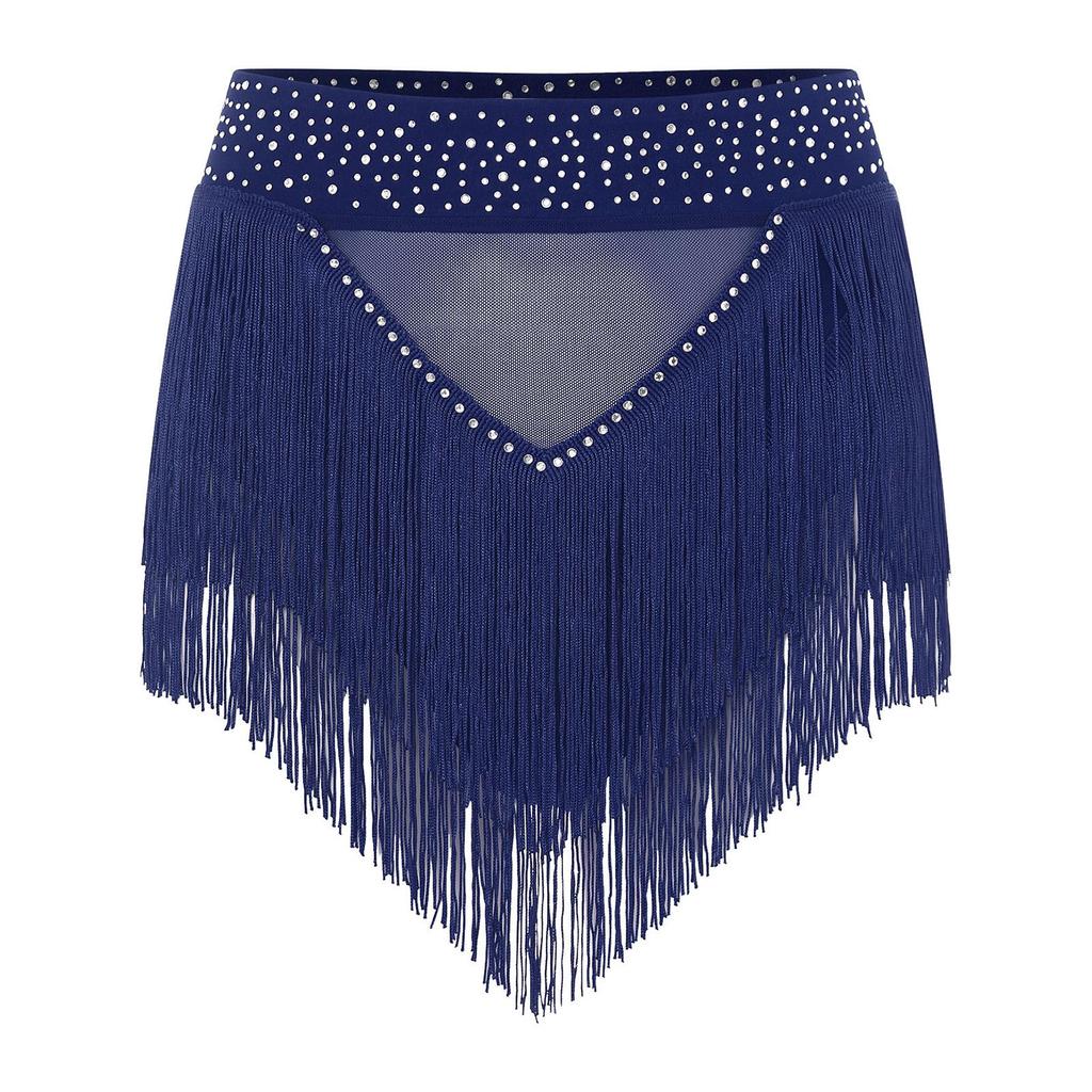 Rhinestone Tassel Belly Dance Shorts for Women Sheer Mesh High Elastic Briefs Underwear for Samba Stage Performance