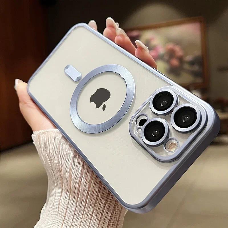 Shockproof Matte Plating Magnetic Clear Case For iPhone 15 14 13 12 11 Pro Max 15 Plus Silicone Wireless Charge Soft pink Cover