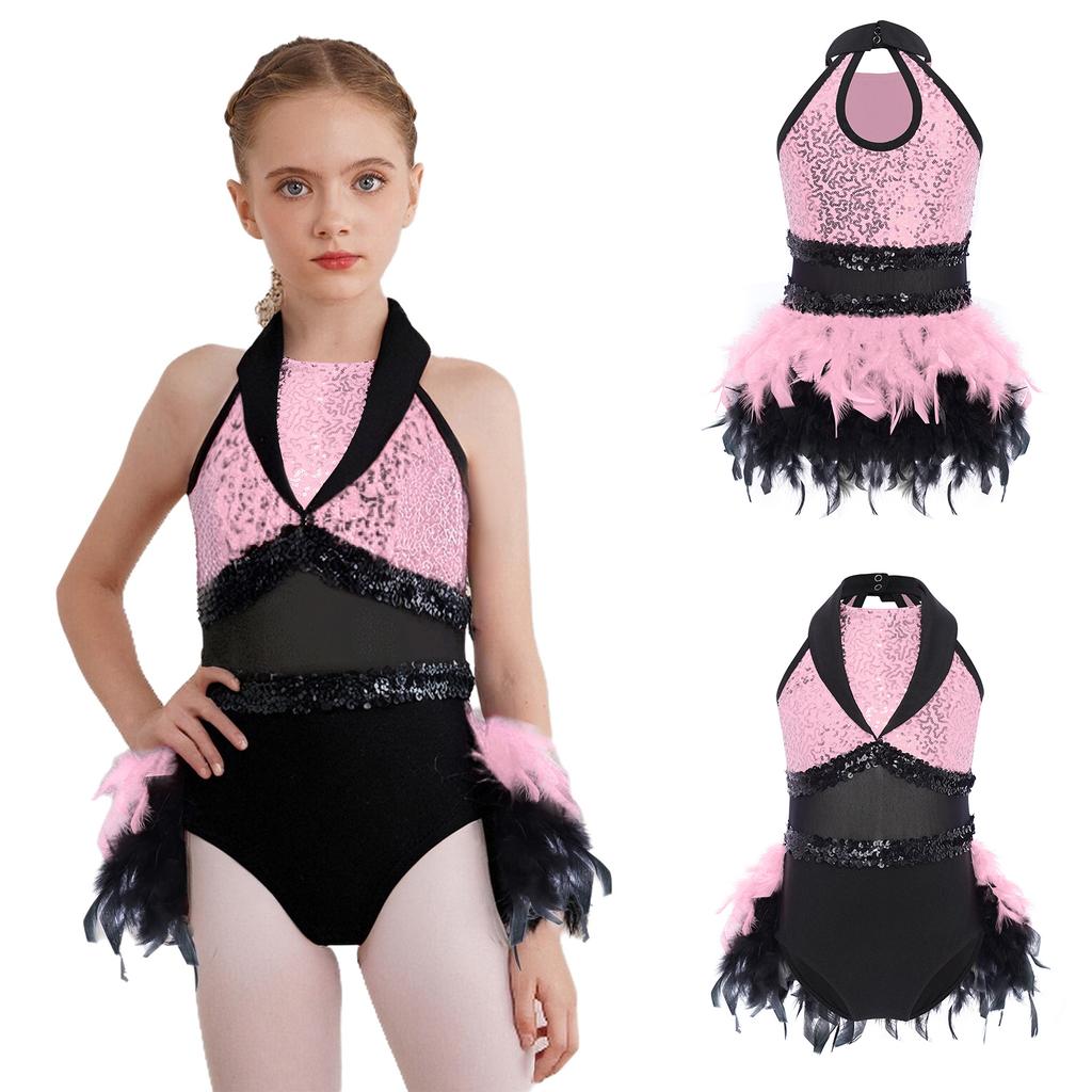 Children‘s Stage Performance Leotard Turn Down Collar Sleeveless Keyhole Back Sheer Mesh Waist Shiny Sequins Color Block with Feather Accents