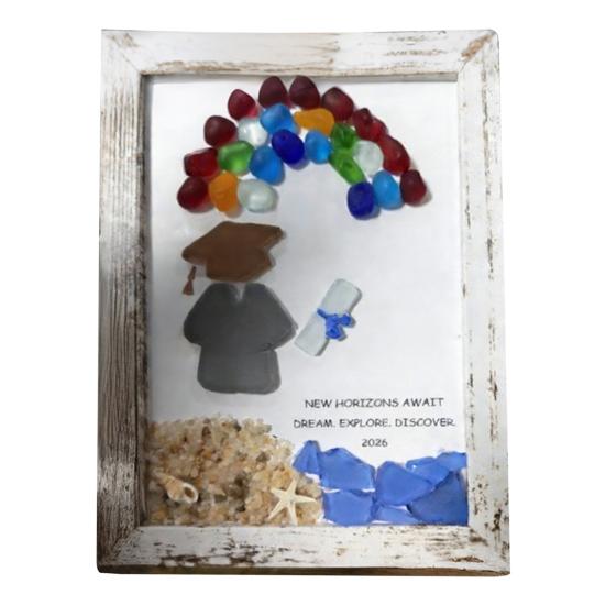Class of 2026 Seaglass Decoration Handmade Sea Glass Graduation Wall Art Framed Sea Glass Artwork Desktop Wall Ornament Graduates Gift B