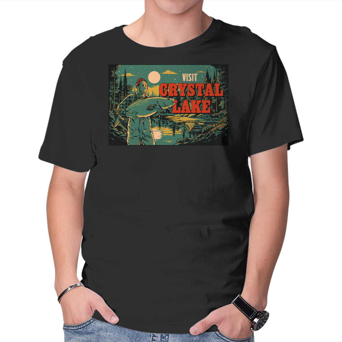 Unisex Crew Neck T-Shirt Visit Crystal Lake Graphic Short Sleeve Casual Tee S