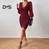 Women Dress Hollow Out Lace Sleeves Sheath Slim Fit Irregular Deep V Neck Hem Solid Color OL Style Formal Party Banquet Mini Dress Fall Spring Short