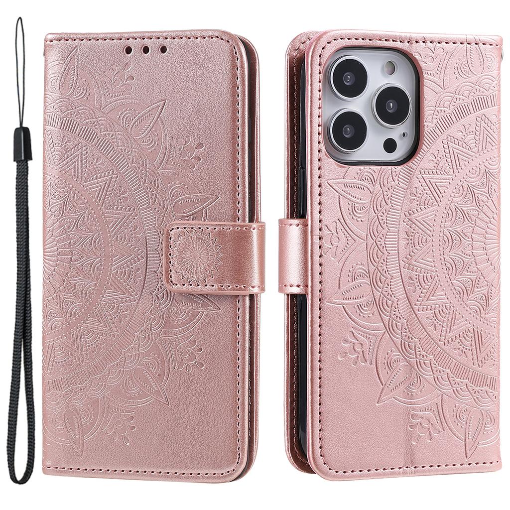 For iPhone 15 Pro Flip Phone Case PU Leather Mandala Flower Imprint Stand Wallet Cover with Strap