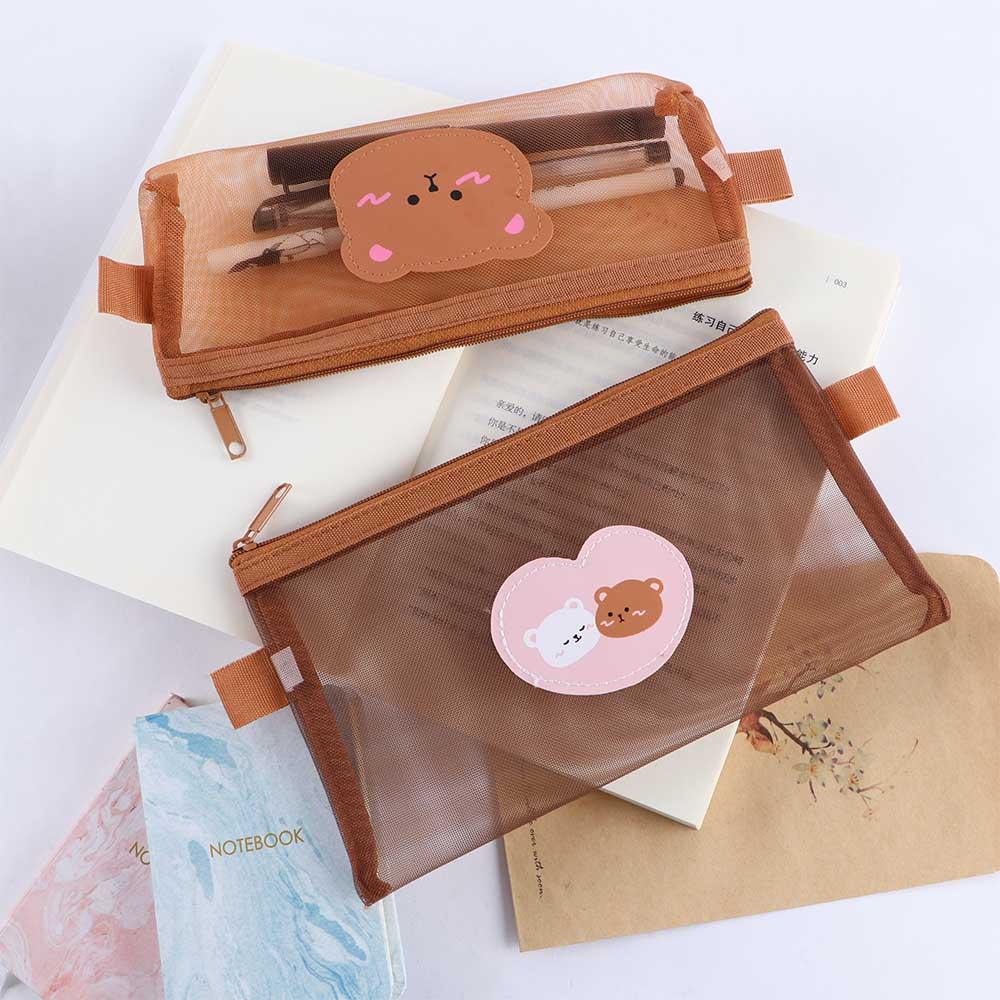 

Transparent Large Capacity Pen Bag Storage Bags Mesh Pencil Case Kawaii Pencil Bag Bear Pencil Bags