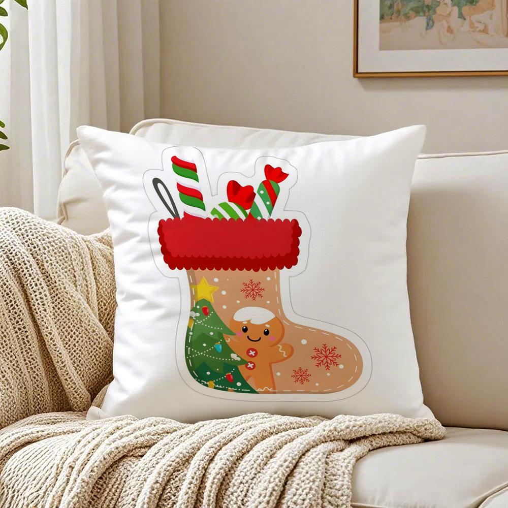 Red Socks Merry Chrismas Cushion Cover Linen Pillowcase Soft for Sofa Bed Home Room Decor